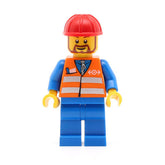 LEGO trn230 - (Orange Vest with Safety Stripes, Blue Legs, Red Construction Helmet, Brown Beard Rounded)